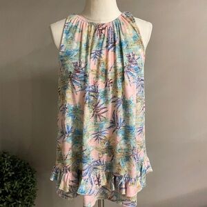 CUPIO women’s distressed floral ruffle top soft knit Relaxed has stretch Med